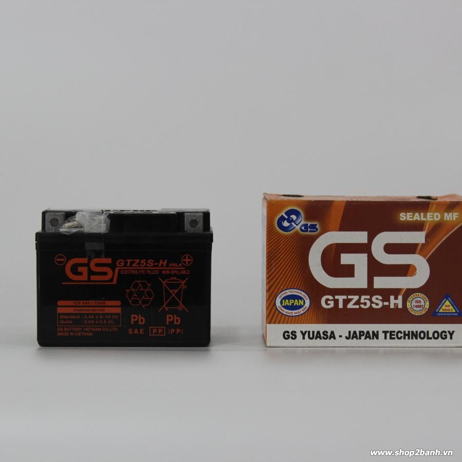 BÌNH ắc quy GS GTZ5S-H. Kích thước (mm): 112 x 70 x 85 (dài x rộng x cao)