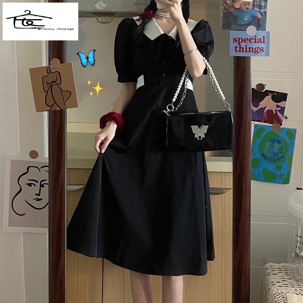 Hàng Có Sẵn Bán Chạy~Đầm Tay Phồng Dài Ôm Eo Màu Đen Kiểu Hàn Quốc Thời Trang Mùa Hè Cho Nữ