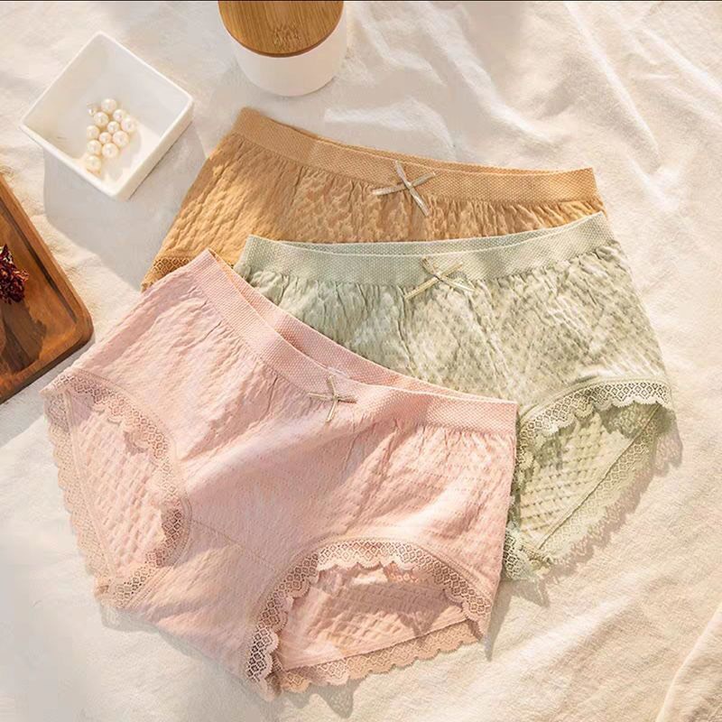 Quần lót Nữ Cotton Dệt Kim , Quần Chip Nữ kháng khuẩn thoáng mát đính nơ và phối ren xinh tôn vòng 3  QL182