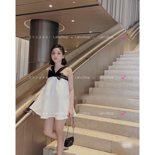 Áo xốp hoa cổ nơ 2 màu