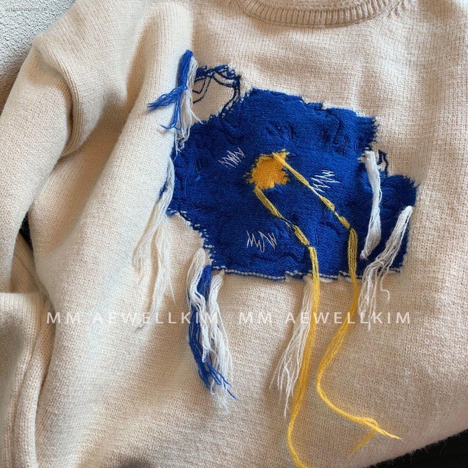 Áo sweater dáng rộng in họa tiết hoa graffiti màu xanh dương thời trang thu đông Hàn Quốc cho nữ