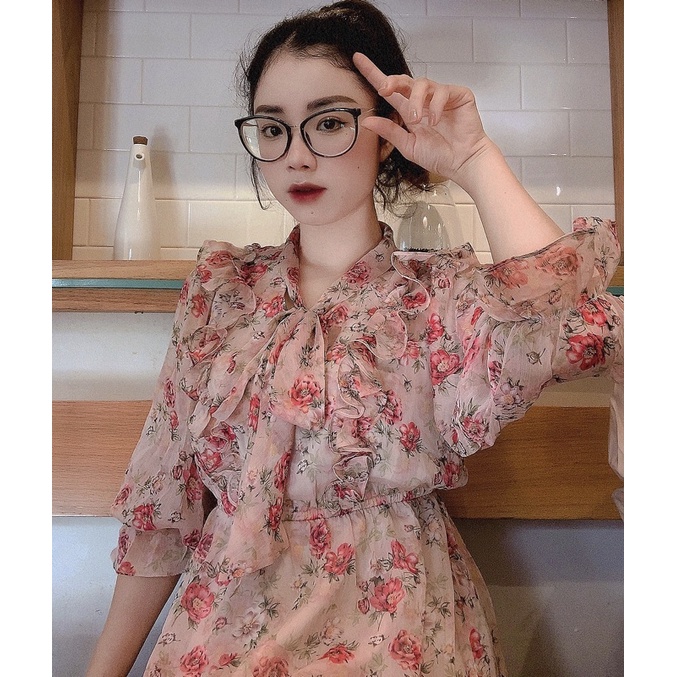 Đầm hoa buộc nơ thiết kế Rossi tay phồng chun eo dáng xoè 2 lớp bồng bềnh tiểu thư. Mã 088