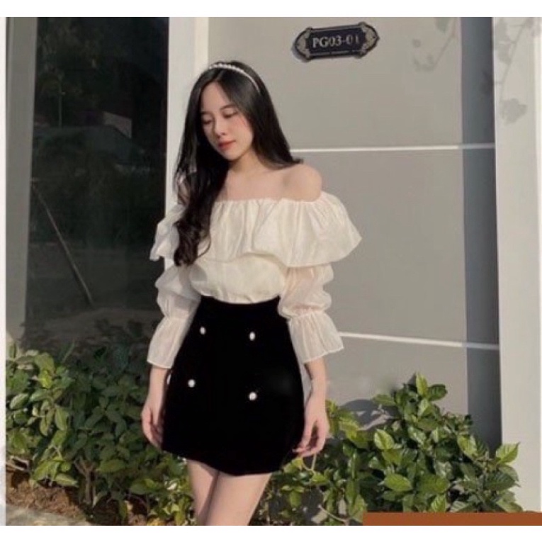 Áo sơ mi trễ vai công sở phong cách hàn quốc_001 ulzzang babydoll bánh bèo nội y xanh