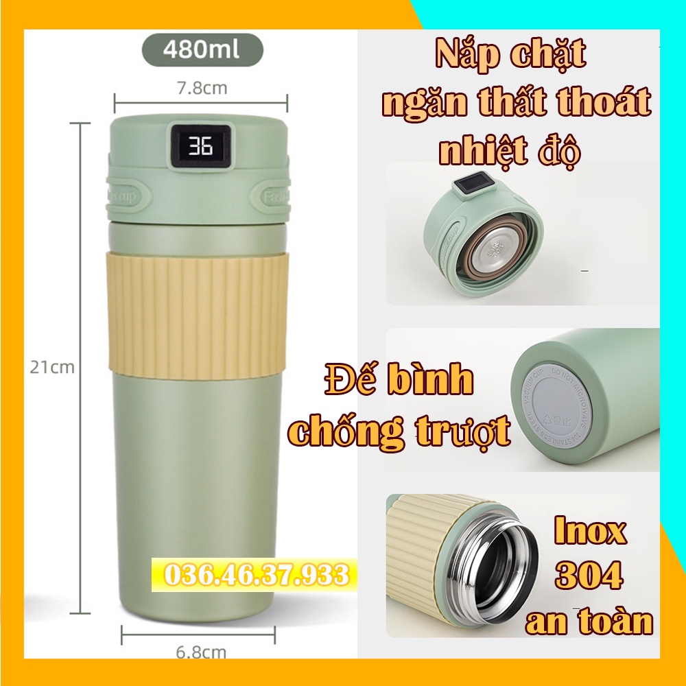 Bình giữ nhiệt hiển thị nhiệt độ cảm ứng 500ml đi làm đi học đựng coffee trà sữa inox 304 Cao Cấp