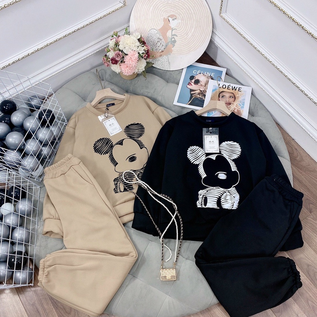 Sét Bộ Thun Gân Da Cá Tay Dài In Hình Chuột Mickey Thể Thao TTSA1472
