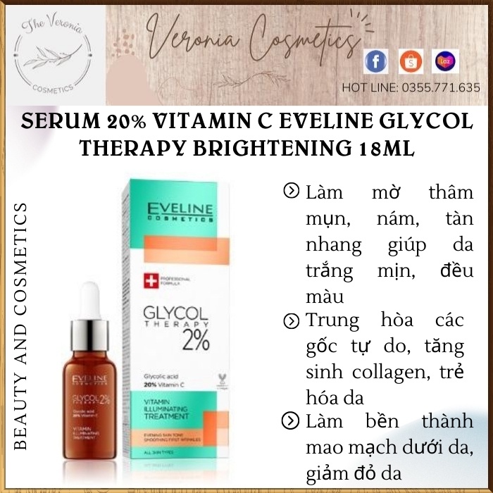 Serum 20% Vitamin C Eveline Glycol Therapy Brightening 18ml làm trắng da, mờ thâm nám, tái tạo và trẻ hóa da