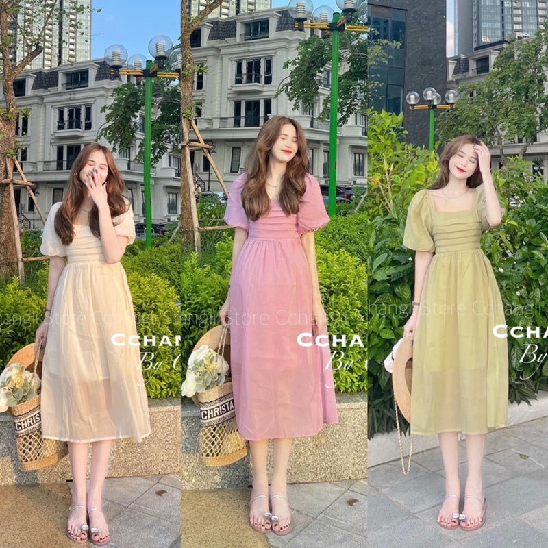 Váy Tơ Óng 2 Lớp Nơ Sau Tay Phồng 3 Màu Có Ảnh Thật