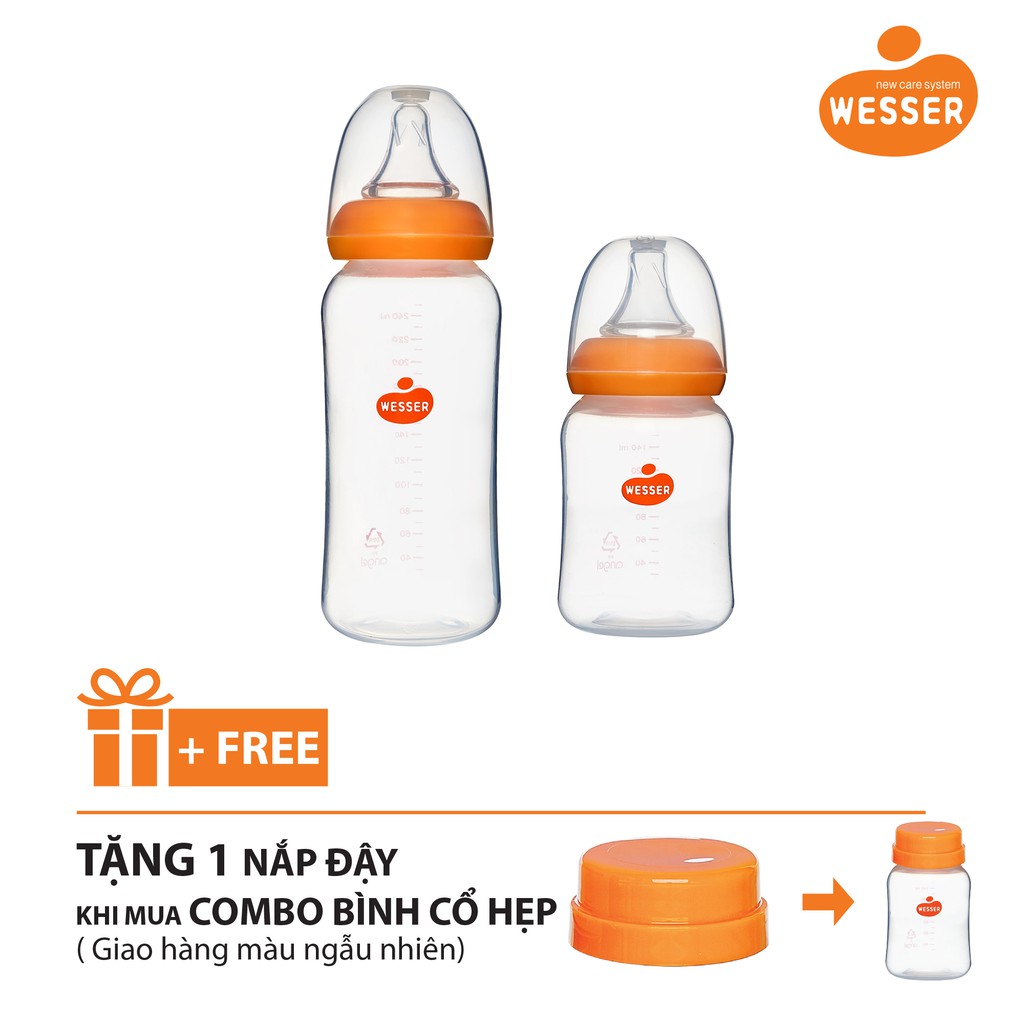 Bộ 2 Bình sữa Wesser PP (cổ hẹp) 140ml và 250ml - TẶNG KÈM NẮP ĐẬY BÌNH SỮA (CỔ HẸP )