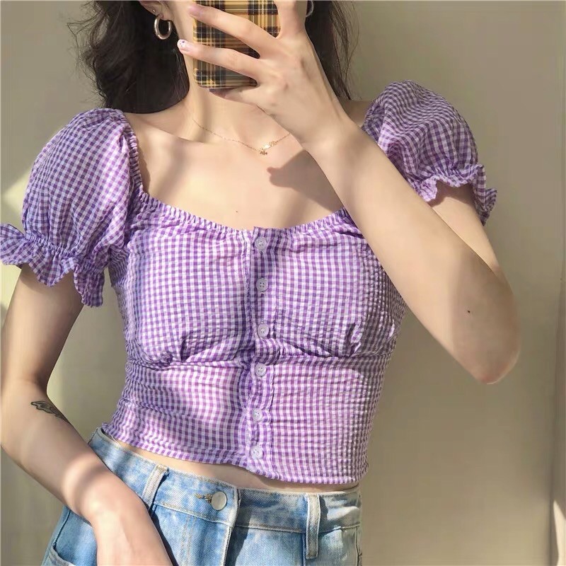 Sale!!! Áo croptop tím caro cổ vuông tay bồng