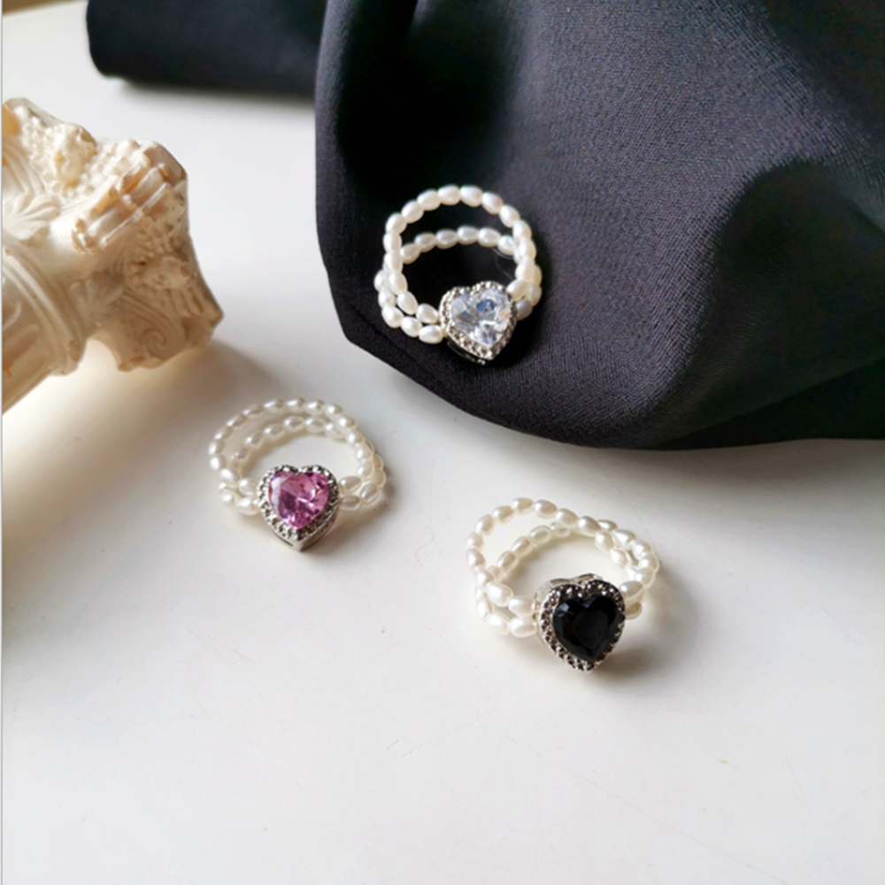 Nhẫn Nữ Trang Đính Ngọc Trai Nhân Tạo Hình Trái Tim Nhiều Màu