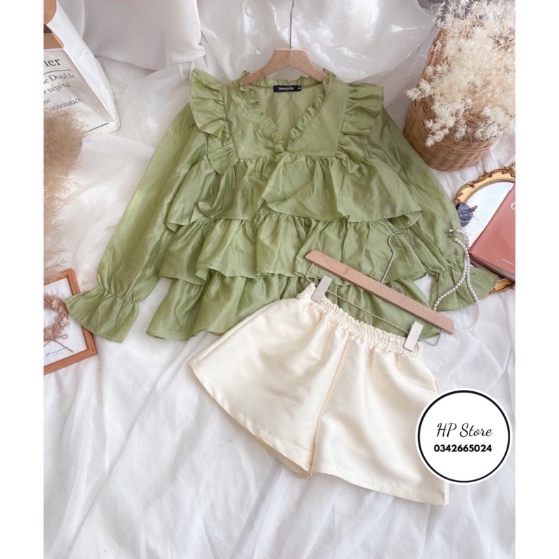 Sét áo đỏ bèo phối quần tacta be phồng siêu xinh