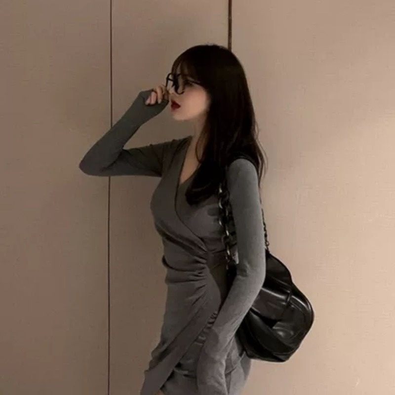 Đầm Tay Dài Cổ Chữ V Dáng Ôm Chiết Eo Thiết Kế Vạt Đan Chéo Thời Trang Quyến Rũ Cho Nữ