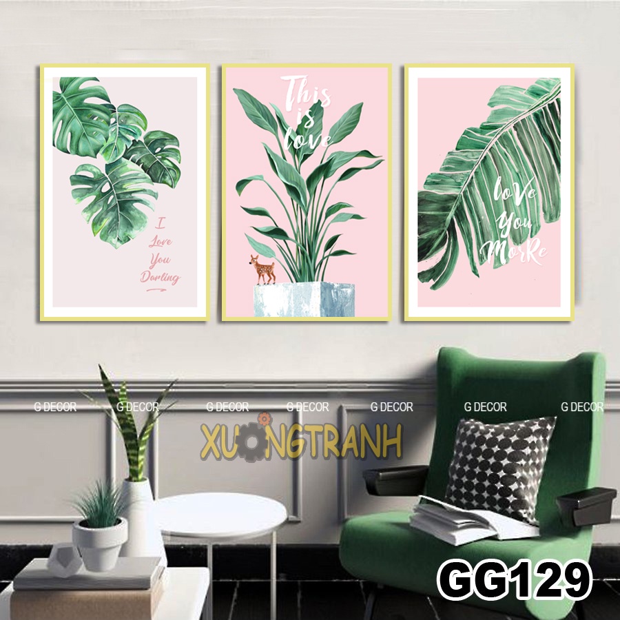 Tranh treo tường canvas 3 bức phong cách Bắc Âu 82, tranh lá trang trí phòng khách, phòng ngủ, phòng ăn, spa, cửa hàng