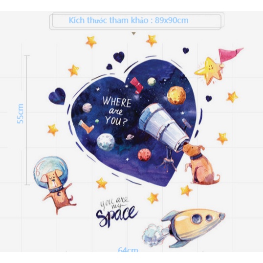 Decal trang trí tường - Chú chó bay lên vũ trụ và ngồi ngắm hành tinh