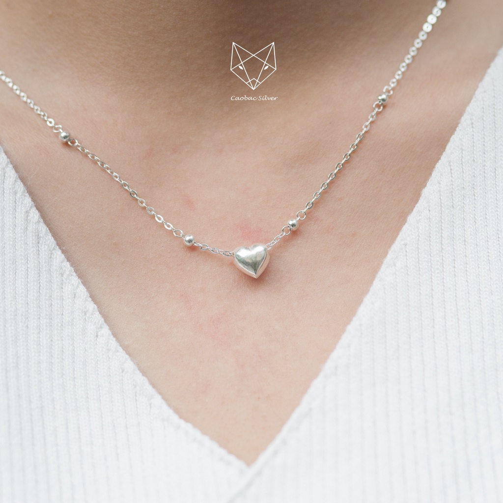 Dây Chuyền Bạc Ta Cao Cấp CaoBac Silver Tim Phồng Trơn Cạnh Bi Đơn Giản Nhẹ Nhàng, Thanh Lịch Dành Tặng Cho Bạn Gái