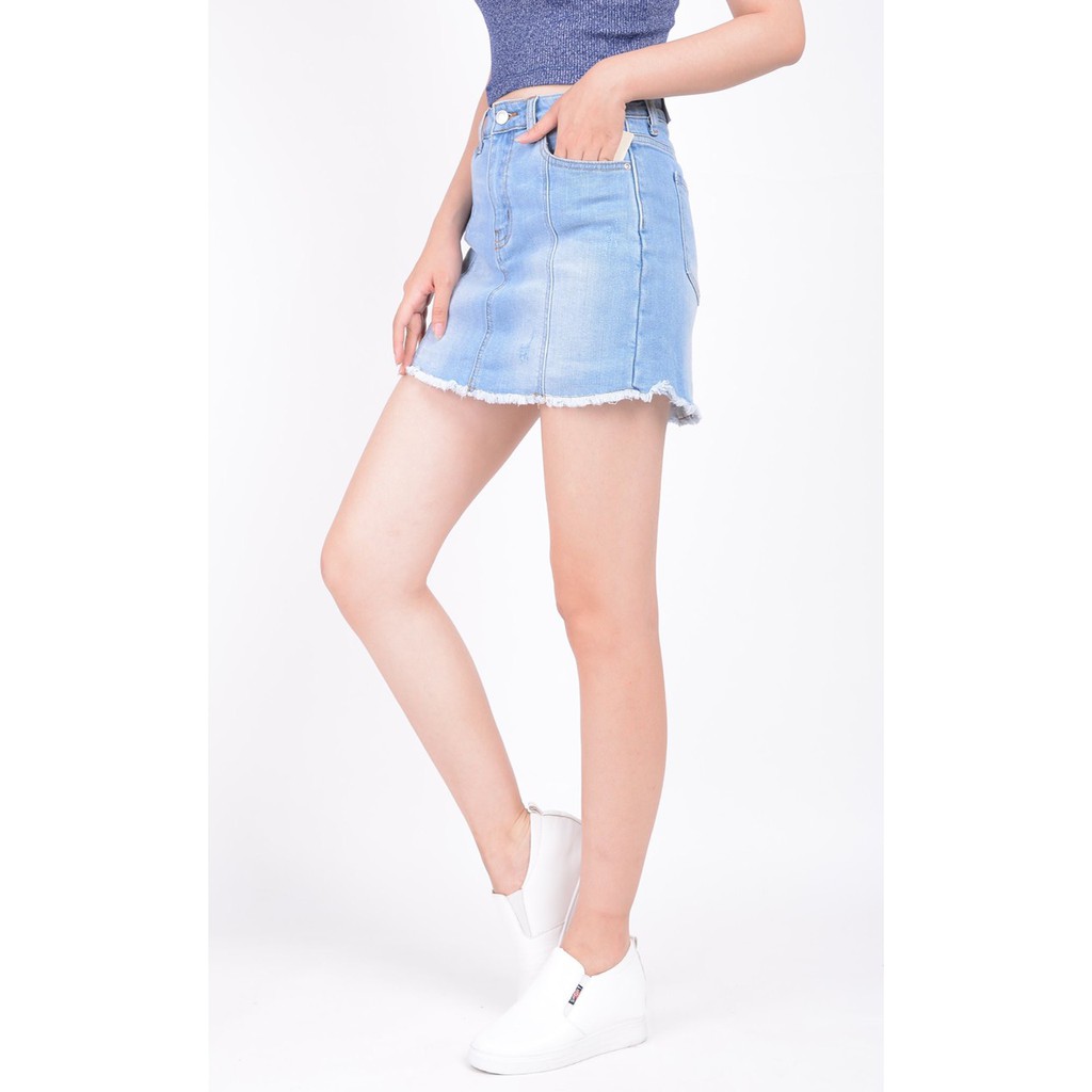 Chân váy jean nữ có quần bên trong đẹp lưng cao cạp cao xước nhẹ gân gấu tua rua hàng hiệu cao cấp mã 4160 VANIZEN