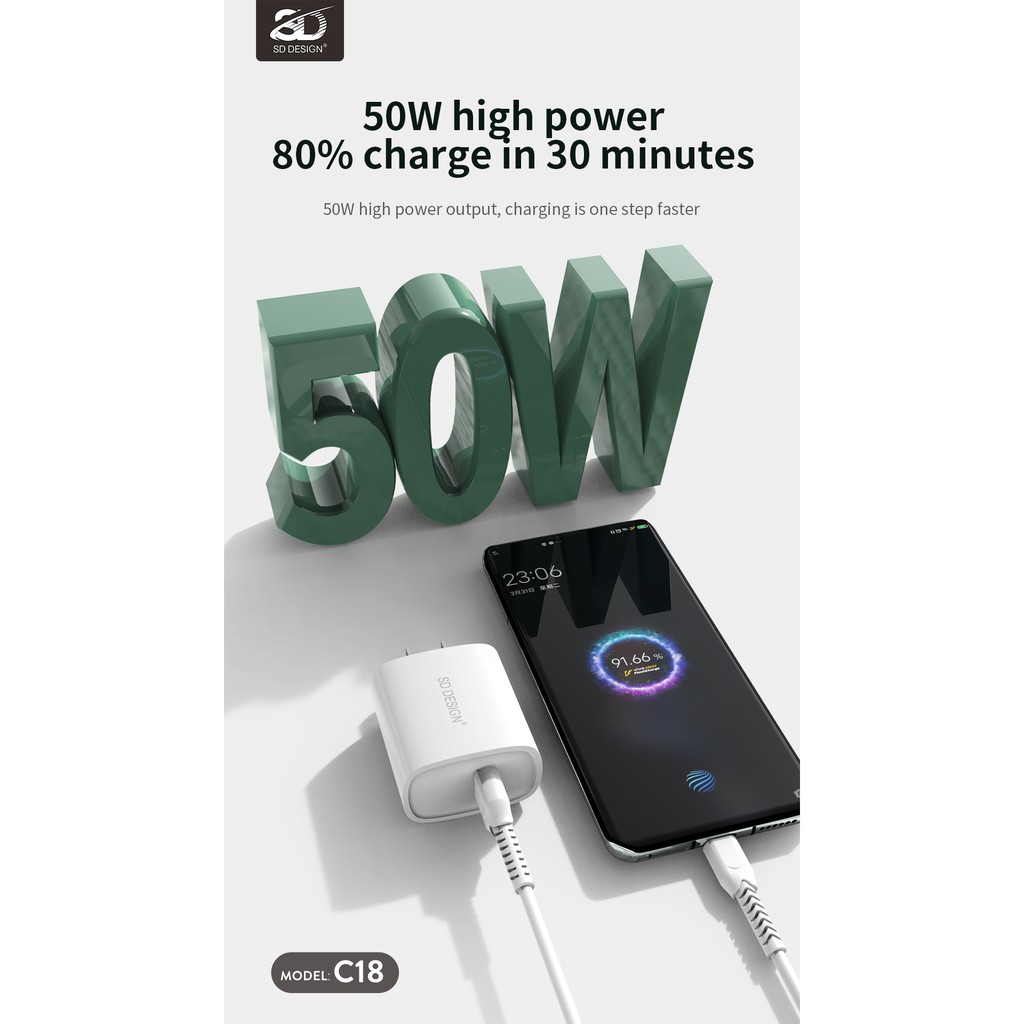 Củ sạc chính hãng SD Design C18 cốc sạt NHANH Chuẩn Quick Charge 3.0, tương thích với nhiều dòng máy bảo hành 1 năm