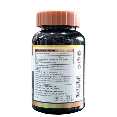 DHA 100mg Albert Max – Bổ sung DHA cho mẹ bầu và trẻ em, giúp phát triển trí não thai nhi (lọ 60 viên)