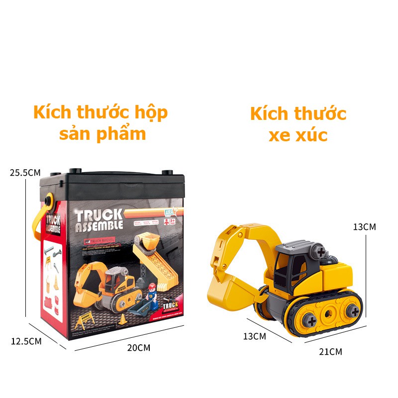 Đồ chơi xe xúc kèm thang hàng có tua vít hình người, biển báo sticker có hộp đựng