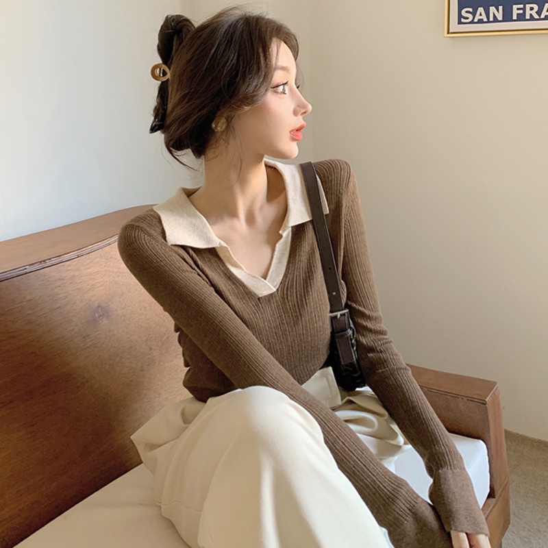 COZOK Áo len tay dài cổ chữ V dáng ôm