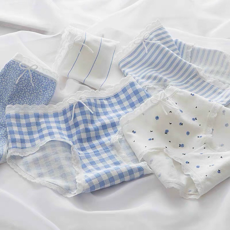 Combo 5 Quần Lót Nữ Cotton Cute Dễ Thương họa tiết kẻ xanh gắn nơ