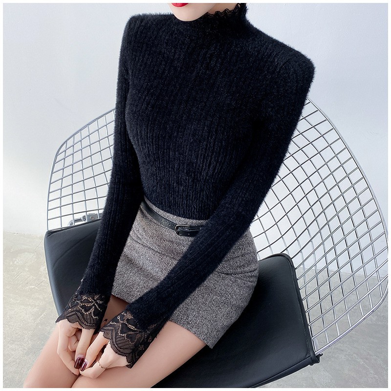 HÀNG NHẬP - ÁO LEN NỮ LÔNG MỀM CAO CỔ TAY PHỐI REN SIÊU XINH - DL57124 | BigBuy360 - bigbuy360.vn