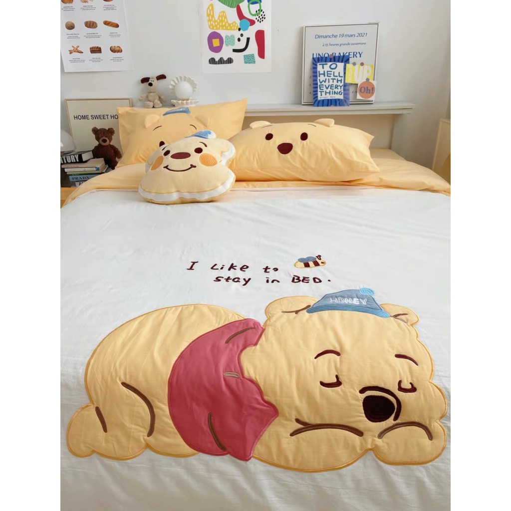 Bộ Chăn Ga Gối 5 Món Cotton Linen Họa Tiết Hoạt Hình Disney Dễ Thương, Chất liệu cotton thoáng mát sẵn hàng