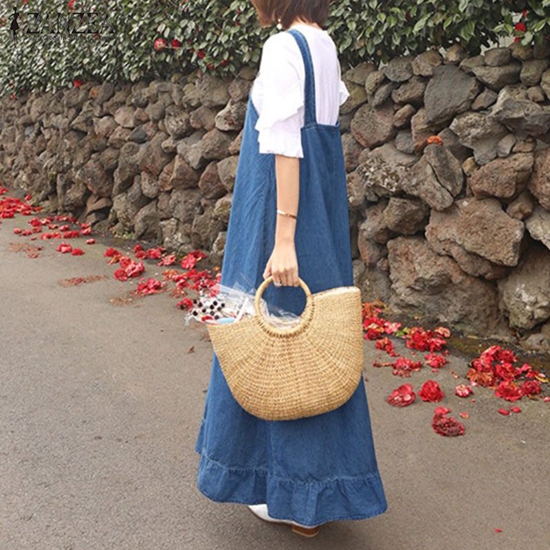 Đầm yếm denim dáng dài và rộng ZANZEA thời trang dành cho nữ