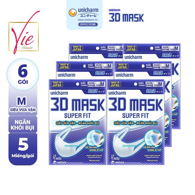 Bộ 6 gói Khẩu trang 3D Mask ngăn khói bụi Unicharm 3D Mask Super Fit 5 cái/gói