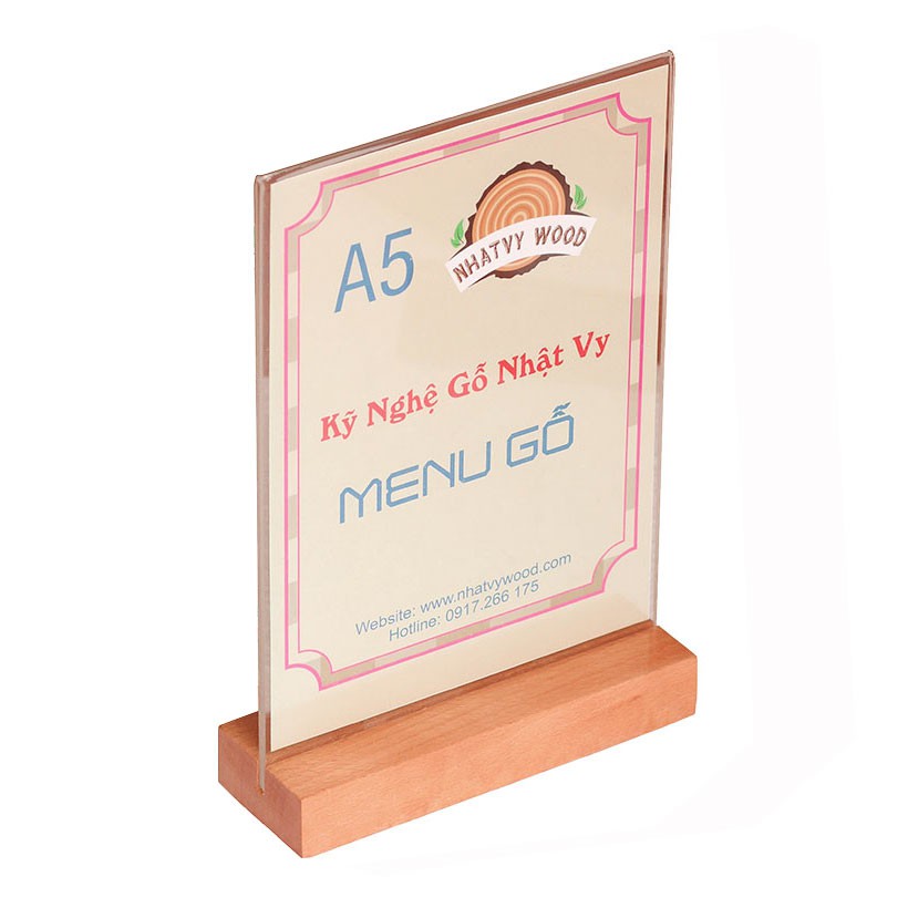 Menu để bàn quán cafe, standee để bàn nhà hàng, kệ menu mica A5 đế gỗ  Nhatvywood NV5101