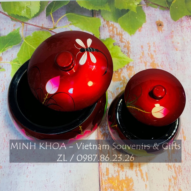 Chén Bát Hũ Đựng Bánh Kẹo Sơn Mài Hoa Sen Vẽ Tay 12 - 14 - 16 Cm