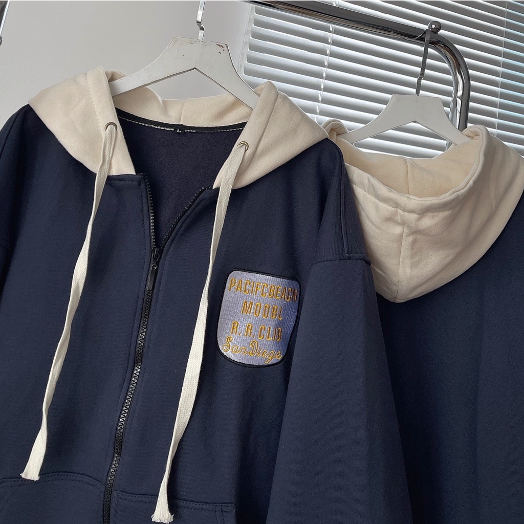 Áo hoodie SANDIEGO vải nỉ xanh phối mũ trắng kiểu dáng unisex