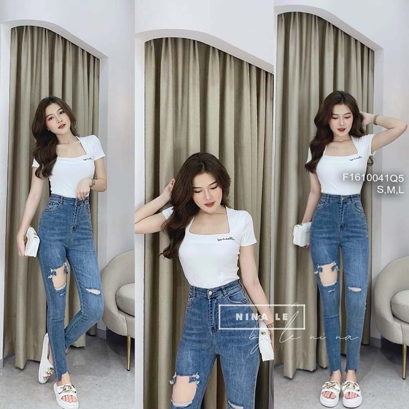 Quần jeans rách đùi lưng cao
