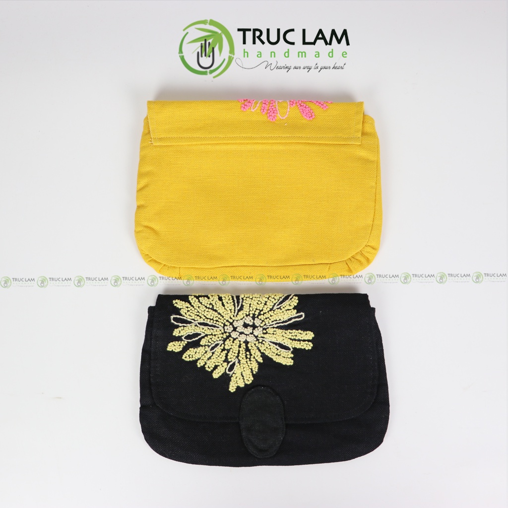 Ví Cầm Tay Nữ Vải Linen Thêu Tay Sa Hạt Họa Tiết Hai Hoa Cúc Nhiều Màu - Trúc Lâm Handmade