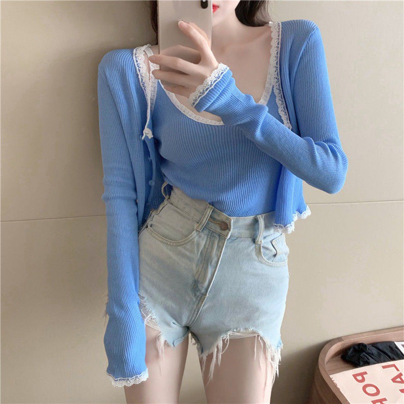 Set Áo Hai Dây Và Áo Khoác Ren Phong Cách Hàn Quốc Quyến Rũ Dành Cho Nữ