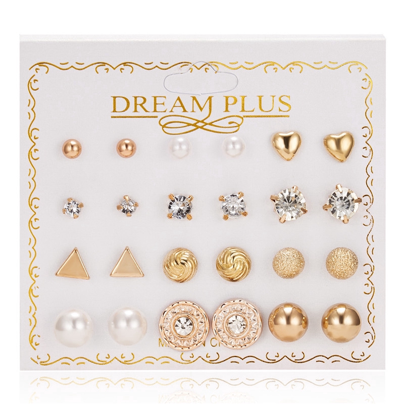 Set 12 Đôi Bông Tai Hình Vuông Đính Đá Zircon Xinh Xắn Cho Nữ