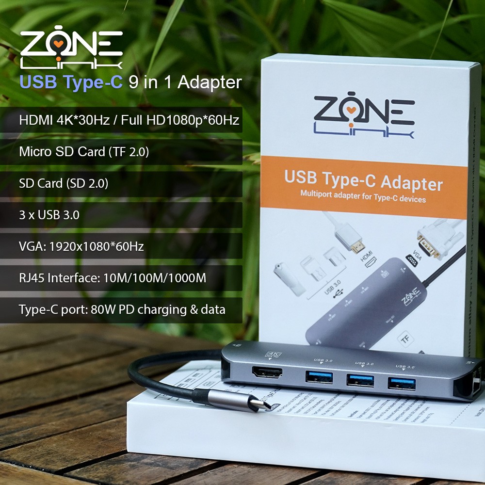 Cổng chuyển đổi USB TYpe C ZONELINK Z9IN1 (Type C to HDMI, USB, HDMI, SD, LAN)