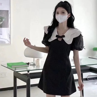 Váy đầm cổ điệu hai màu đen trắng dáng ngắn năng động phong cách Hàn Quốc MS65558