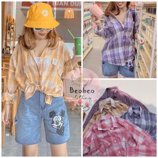 [Ảnh thật] Áo sơ mi oversize sọc caro tay phồng nhiều màu ulzzang