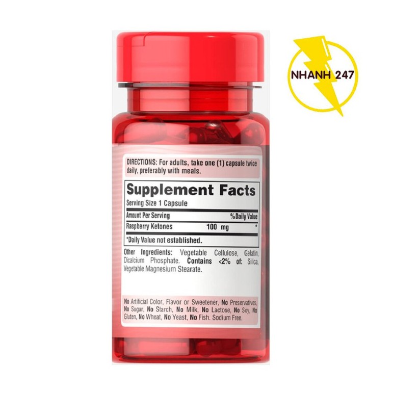 Viên uống hỗ trợ giảm cân an toàn,ngăn chặn tích tụ chất béo Puritan's Pride Raspberry Ketones 60 viên HSD tháng 5/2019