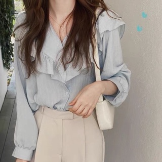 Áo sơ mi nữ tay dài cổ chữ V phong cách Hàn Quốc thời trang mới 44770 