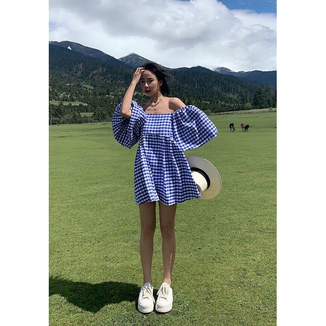 Đầm kẻ caro tay bồng dáng babydoll ulzzang