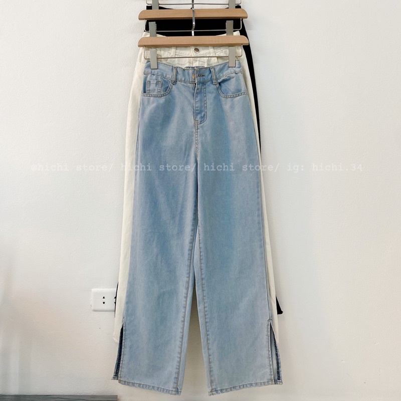 quần bò suông ống rộng kaki xẻ gấu hichi