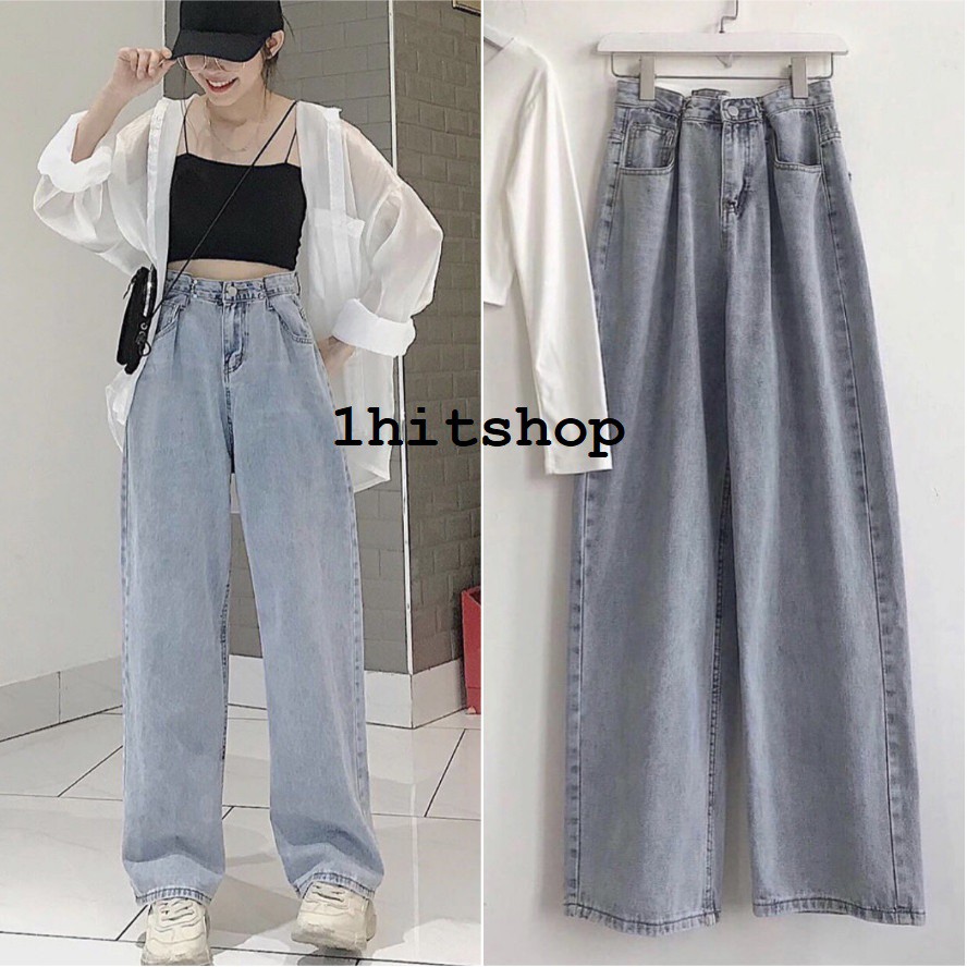 Quần Jean Ống Rộng GÀI EO XANH BẠC Ulzzang Unisex 1hitshop
