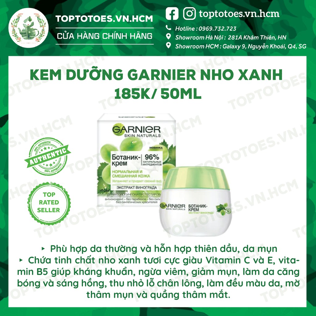 Kem dưỡng Garnier Botanical with Grape Water chứa chiết xuất nho xanh dưỡng ẩm, cho da mềm mịn, sáng hồng