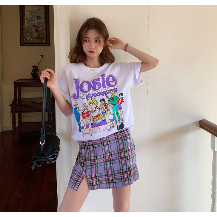 SẴN | SET ÁO THUN HOẠT HÌNH + CHÂN VÁY KẺ SỌC TÍM CÁ TÍNH ULZZANG