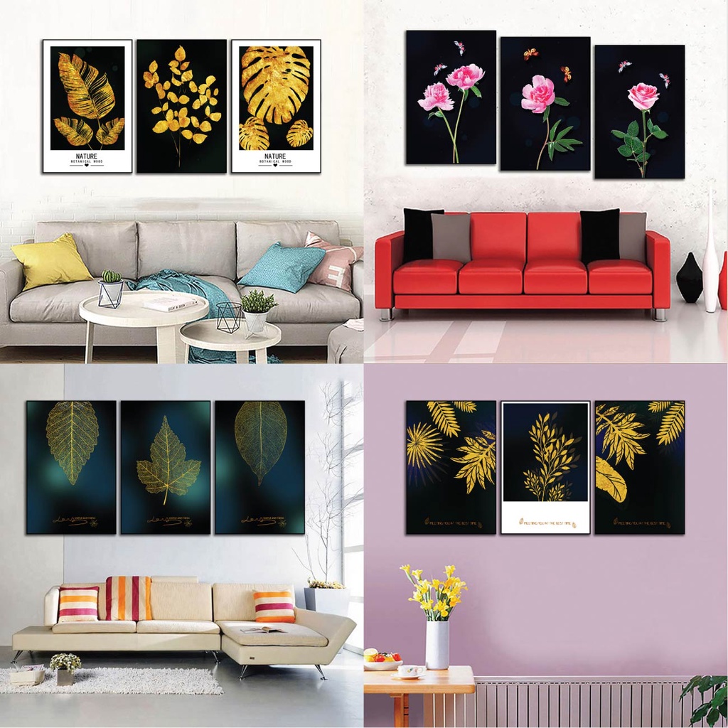 Tranh bộ ba treo tường hoa lá, trang trí phòng khách, tranh gỗ MDF treo tường giá rẻ