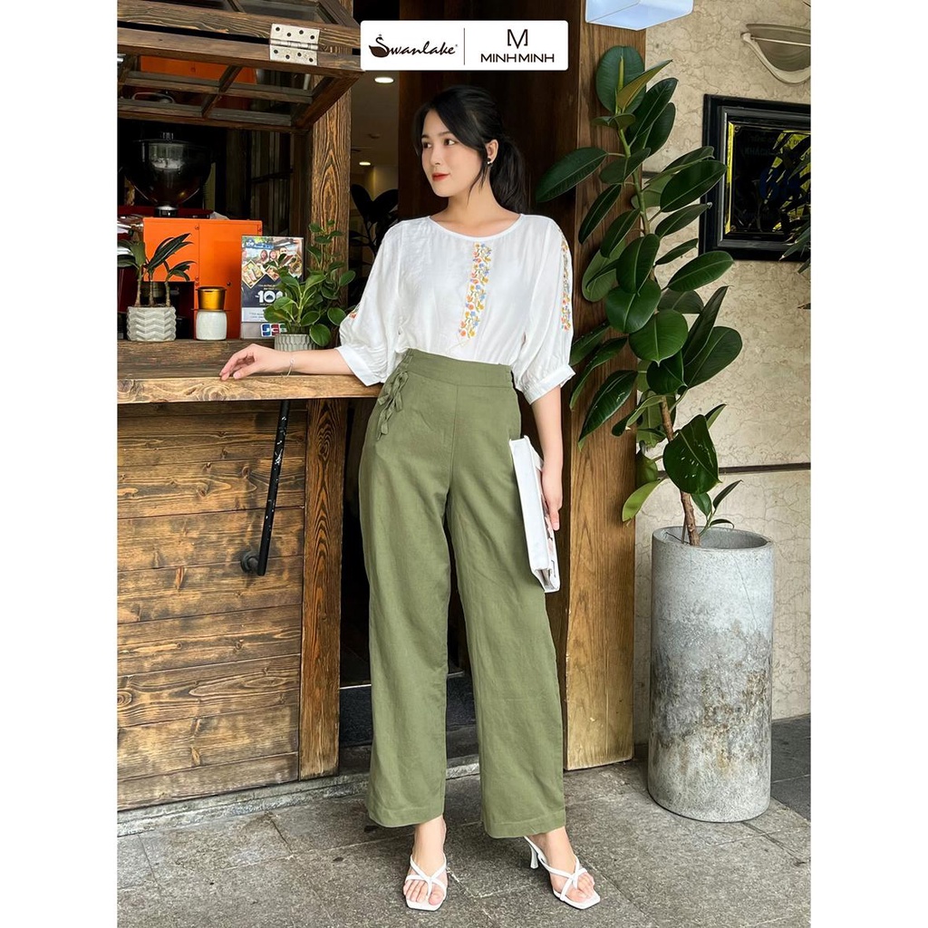 SWANLAKE | Quần Suông Linen Nữ Dây Kéo Thắt Nơ Rời - MÃ: Q10310LW01