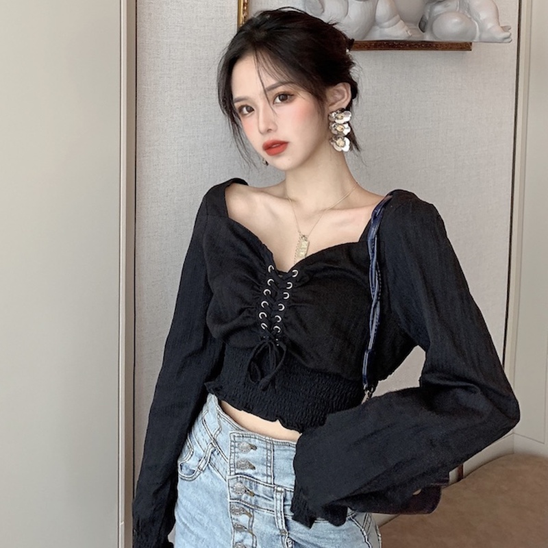 COZOK Áo Kiểu Tay Phồng Ngắn Cổ Vuông Hở Lưng Thắt Nơ Phong Cách Retro Quyến Rũ
