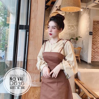 Bigsize Đầm nâu phối nơ vai D636